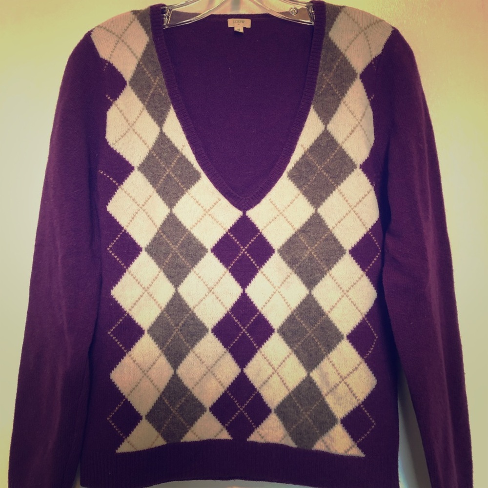 J Crew V-Neck Argyle Sweater - 100% Wool